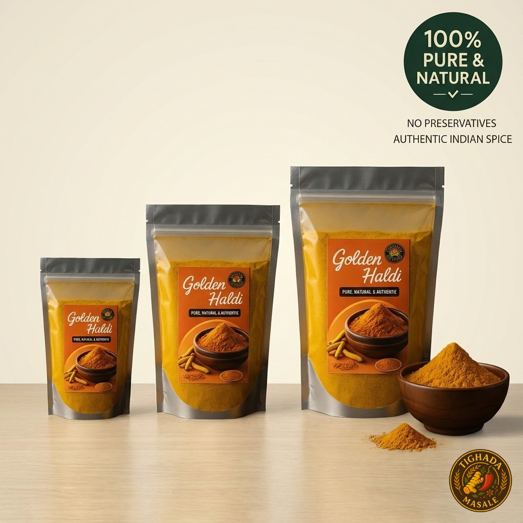 Three packages of Golden Haldi spice with a bowl of spice on a light background.